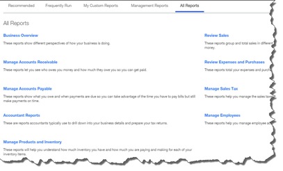 When you click on All Reports on this screen, you'll see how QuickBooks Online divides its reports into related activities.