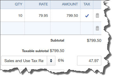 Figure 3: Once you've entered all of your items and/or services and you have a taxable subtotal, QuickBooks Online will calculate the sales tax payable based on the rate selected.