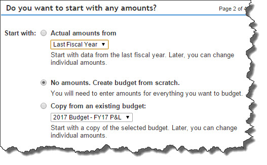 You can choose from these three options to create your budget in QuickBooks Online Plus. Click in the button in front of No amounts